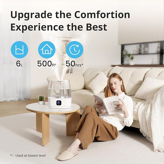 Humidifiers for Bedroom Home, 6L Cool and Warm Mist Air Humidifier for Large Room Baby Nursery, 50H Easy Clean and Top Fill