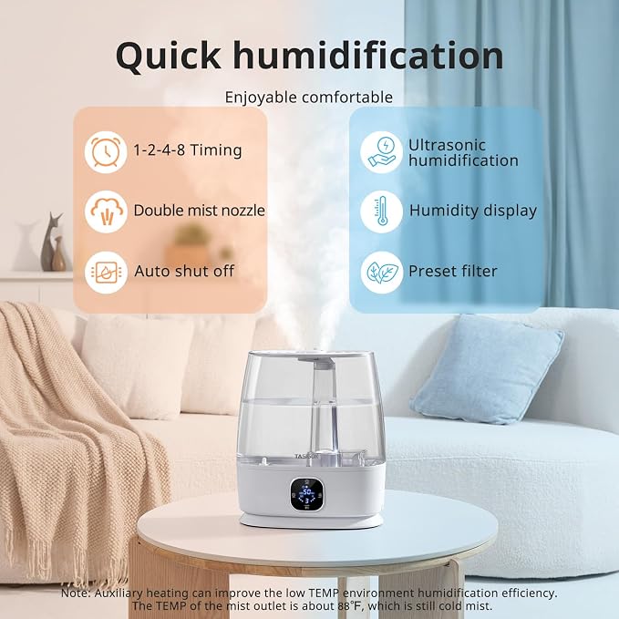 Humidifiers for Bedroom Home, 6L Cool and Warm Mist Air Humidifier for Large Room Baby Nursery, 50H Easy Clean and Top Fill