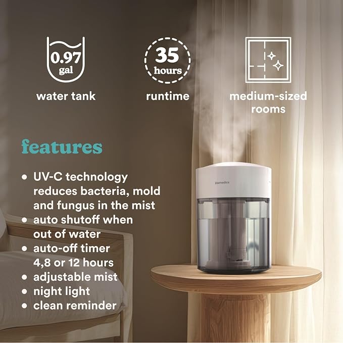 Humidifiers for Bedroom, Home, Nursery, Office and Plants. Total Comfort UV-C Ultrasonic Humidifier, Leak Resistant Design