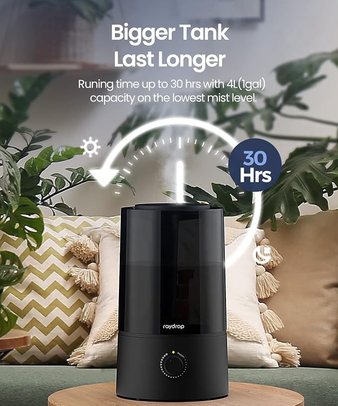 Humidifiers for Bedroom, Humidifiers for Home & Large Room, Cool Mist Humidfiers for Baby and Plant, Adjustable Mist Level