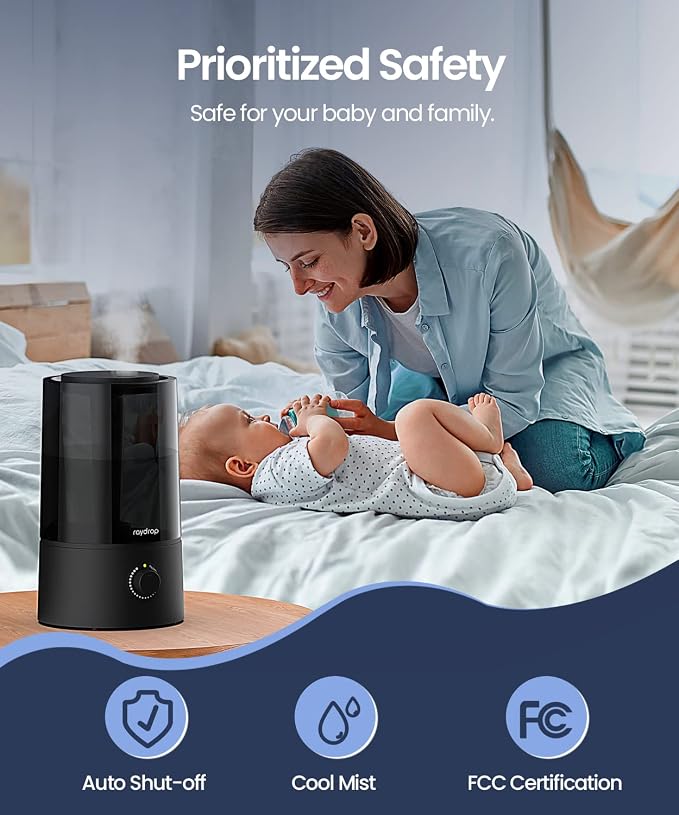 Humidifiers for Bedroom, Humidifiers for Home & Large Room, Cool Mist Humidfiers for Baby and Plant, Adjustable Mist Level