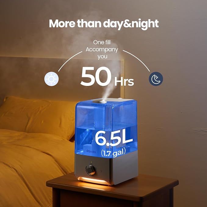 Humidifiers for Bedroom Large Room, Top Fill 6.5L Cool Mist Humidifier, 45H Runtime, 28dB Quiet Ultrasonic Air Humidifier for