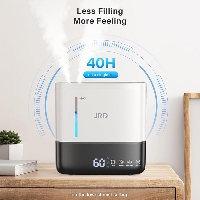 Humidifiers for Bedroom, Ultrasonic Humidifier 4L for Large Room, Cool Mist Top-Fill, 40H Run, 12H Timer, 360° Nozzle