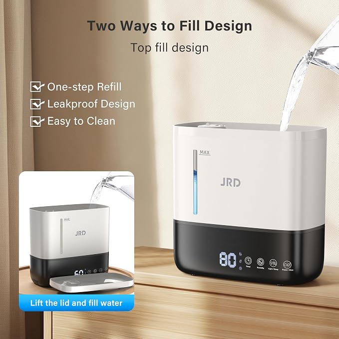 Humidifiers for Bedroom, Ultrasonic Humidifier 4L for Large Room, Cool Mist Top-Fill, 40H Run, 12H Timer, 360° Nozzle