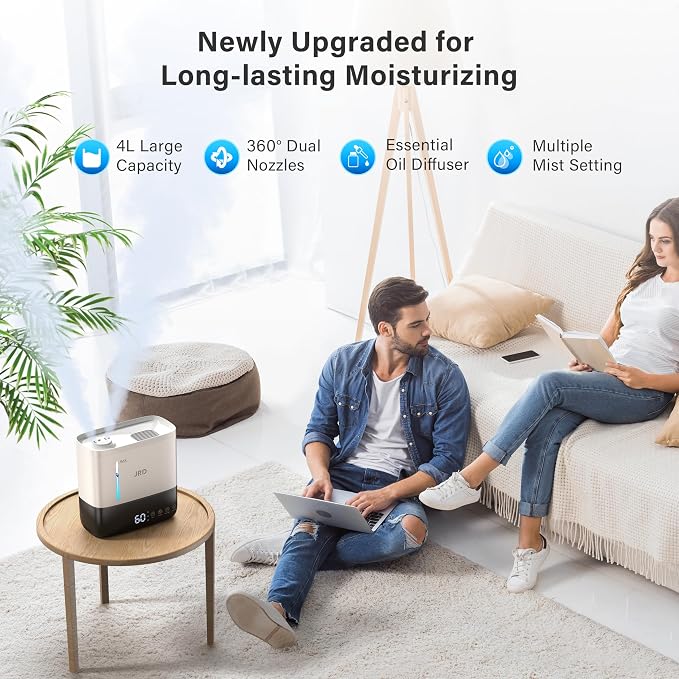 Humidifiers for Bedroom, Ultrasonic Humidifier 4L for Large Room, Cool Mist Top-Fill, 40H Run, 12H Timer, 360° Nozzle