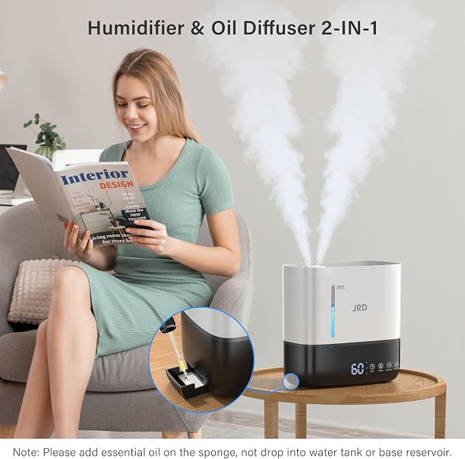 Humidifiers for Bedroom, Ultrasonic Humidifier 4L for Large Room, Cool Mist Top-Fill, 40H Run, 12H Timer, 360° Nozzle