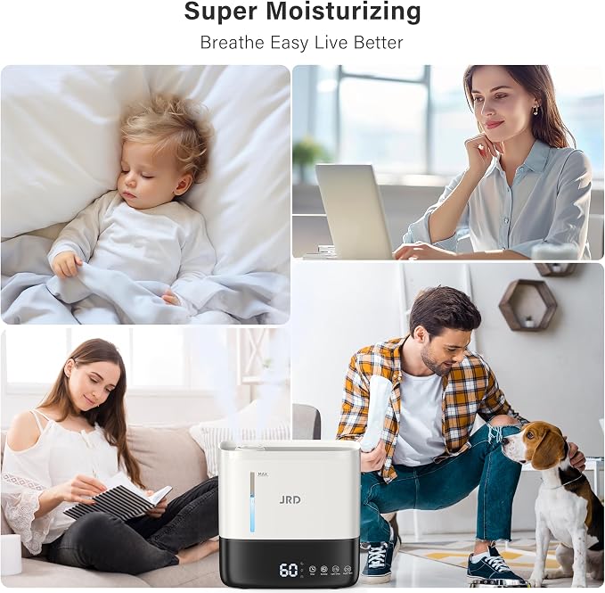 Humidifiers for Bedroom, Ultrasonic Humidifier 4L for Large Room, Cool Mist Top-Fill, 40H Run, 12H Timer, 360° Nozzle