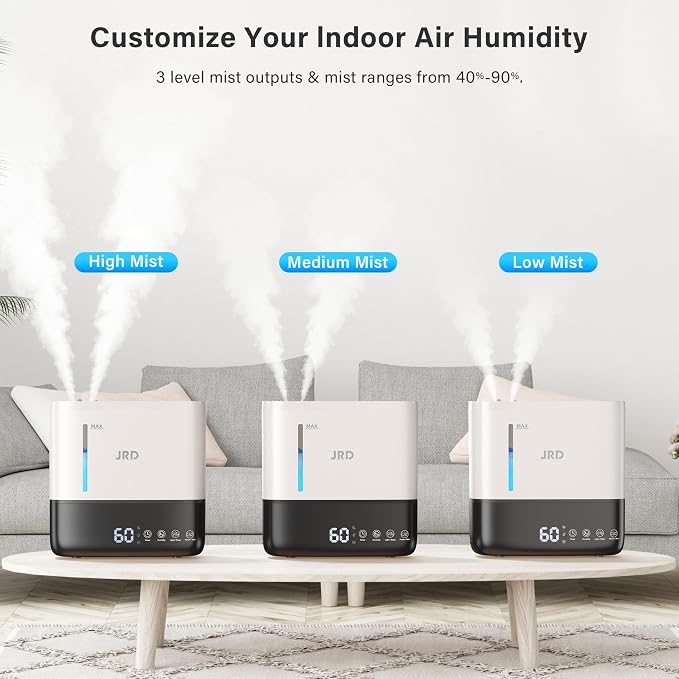 Humidifiers for Bedroom, Ultrasonic Humidifier 4L for Large Room, Cool Mist Top-Fill, 40H Run, 12H Timer, 360° Nozzle