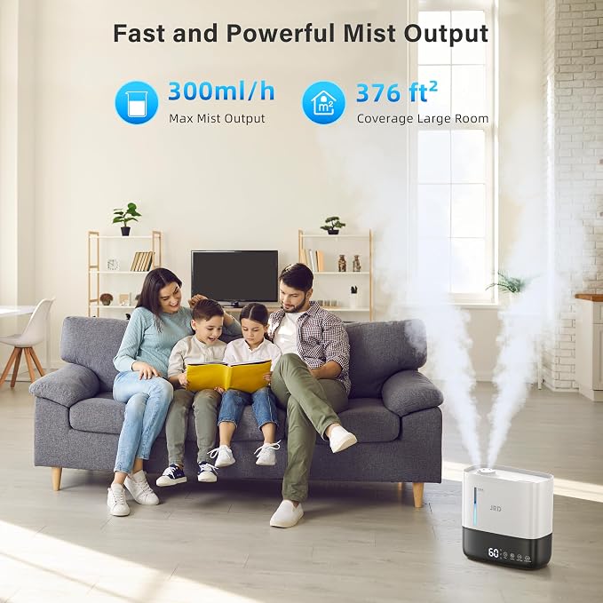 Humidifiers for Bedroom, Ultrasonic Humidifier 4L for Large Room, Cool Mist Top-Fill, 40H Run, 12H Timer, 360° Nozzle