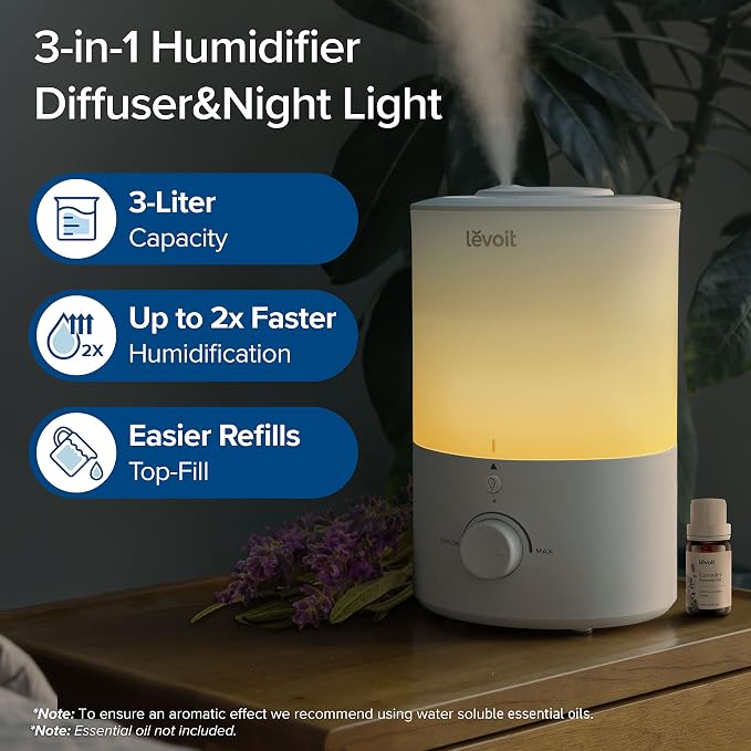 Humidifiers for Bedroom with Night Light(3L Water Tank)Cool Mist Top Fill Essential Oil Diffuser for Baby Nursery and Plants