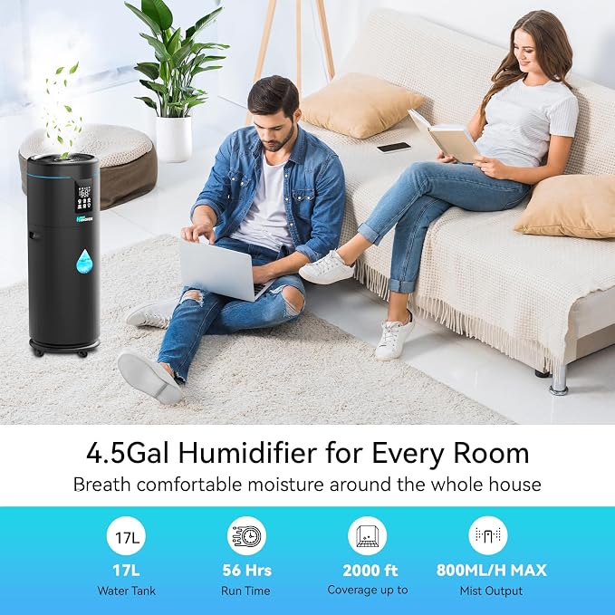 Humidifiers for Large Room Home Bedroom 2000 sq.ft. 17L/4.5Gal Large Humidifier with Extension Tube & 4 Speed Mist,Top Fill