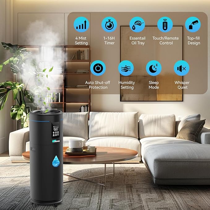 Humidifiers for Large Room Home Bedroom 2000 sq.ft. 17L/4.5Gal Large Humidifier with Extension Tube & 4 Speed Mist,Top Fill