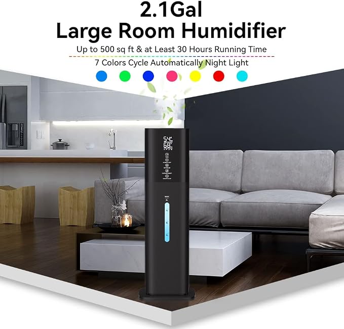 with 7 Colors Light, 2.1Gal(8L) 3 Speed Quiet Ultrasonic Cool Mist Humidifier with 360°