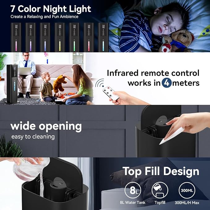 with 7 Colors Light, 2.1Gal(8L) 3 Speed Quiet Ultrasonic Cool Mist Humidifier with 360°