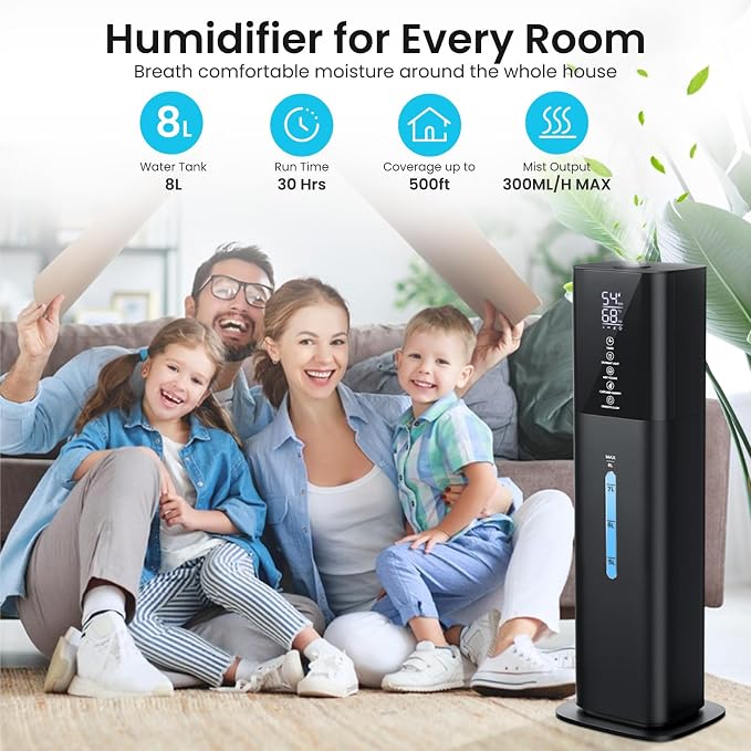 with 7 Colors Light, 2.1Gal(8L) 3 Speed Quiet Ultrasonic Cool Mist Humidifier with 360°