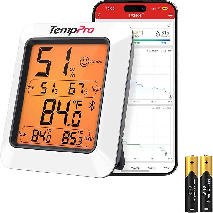 Hygrometer Thermometer for House, Bluetooth Room Indoor Greenhouse Thermometer Monitor Up to 260FT, Backlit