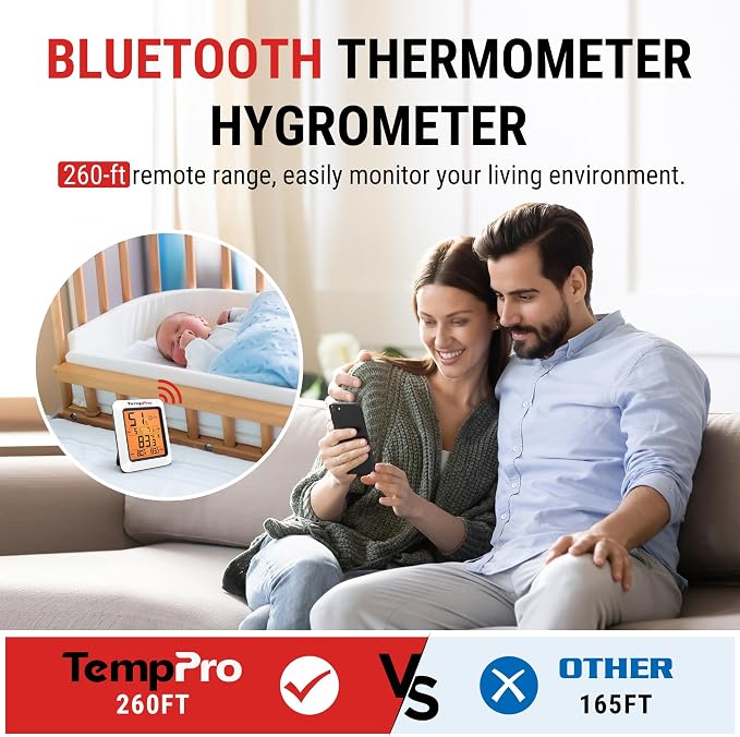 Hygrometer Thermometer for House, Bluetooth Room Indoor Greenhouse Thermometer Monitor Up to 260FT, Backlit, alternate view 3