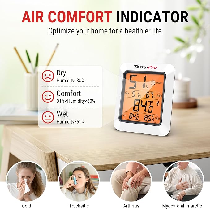 Hygrometer Thermometer for House, Bluetooth Room Indoor Greenhouse Thermometer Monitor Up to 260FT, Backlit, alternate view 7