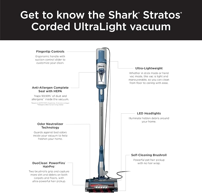 HZ3002 Stratos Ultralight Corded Stick Vacuum with DuoClean PowerFins HairPro, Self-Cleaning Brushroll, & Odor Neutralizer