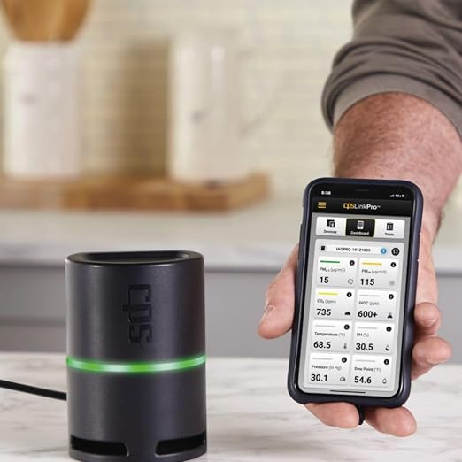 IAQPRO Advanced Indoor Air Quality Meter, Bluetooth-enabled, Monitors VOCs, CO2, PM2.5, PM10, Humidity, Temperature, Dew