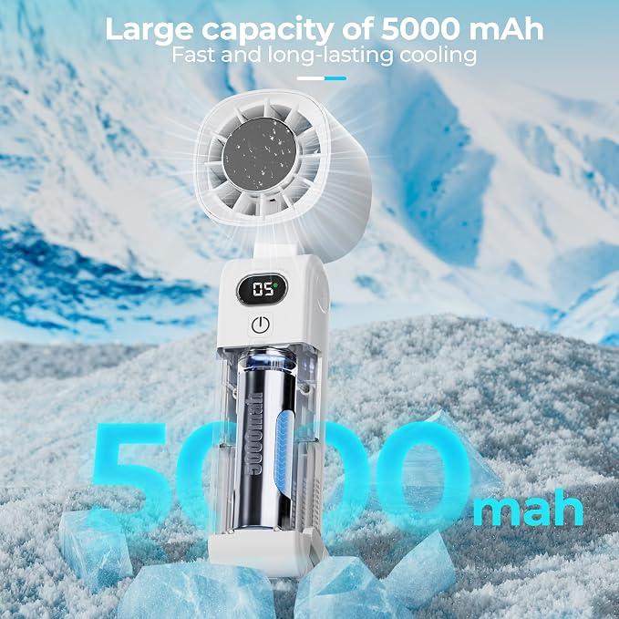 Ice Cooling Handheld Fan, Super Turbo Personal Fan that Blows Cold Air, 5000mAh Rechargeable Small Desk Fan with