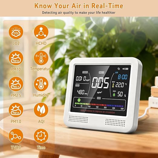 Indoor Air Quality Monitor 16-in-1 with CO2 Detector, PM2.5P, PM10, M1.0, HCHO & TVOC – Portable Air Quality Tester with AQI