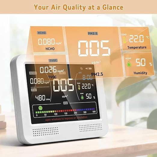 Indoor Air Quality Monitor 16-in-1 with CO2 Detector, PM2.5P, PM10, M1.0, HCHO & TVOC – Portable Air Quality Tester with AQI