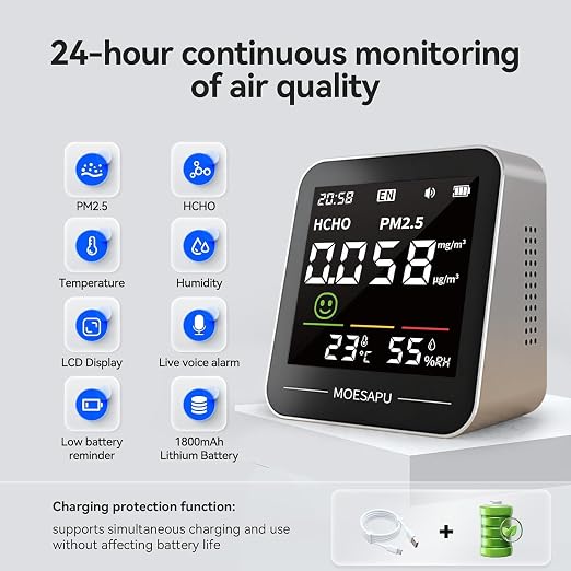Indoor Air Quality Monitor, Formaldehyde Particulate Matter Detector, PM2.5 HCHO Temperature Humidity Meter, AQI Reader in