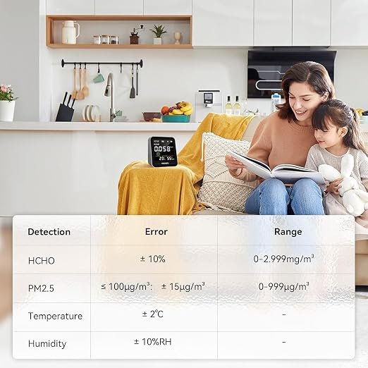 Indoor Air Quality Monitor, Formaldehyde Particulate Matter Detector, PM2.5 HCHO Temperature Humidity Meter, AQI Reader in