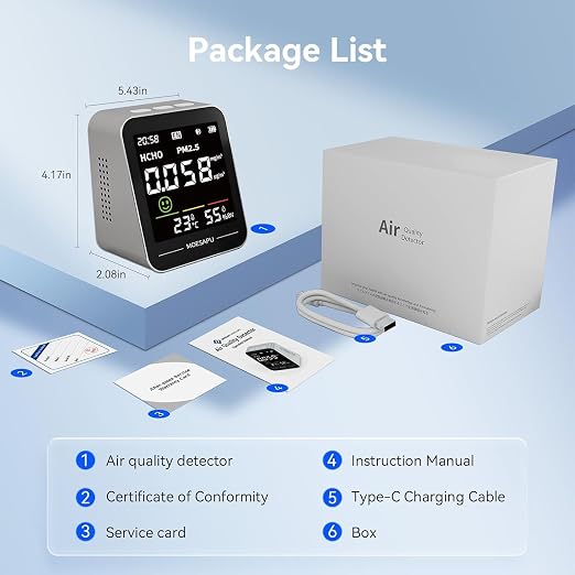Indoor Air Quality Monitor, Formaldehyde Particulate Matter Detector, PM2.5 HCHO Temperature Humidity Meter, AQI Reader in