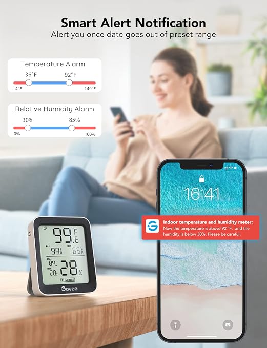 Indoor Hygrometer Thermometer 3 Pack, Bluetooth Humidity Temperature Gauge with Large LCD Display, Notification Alert with