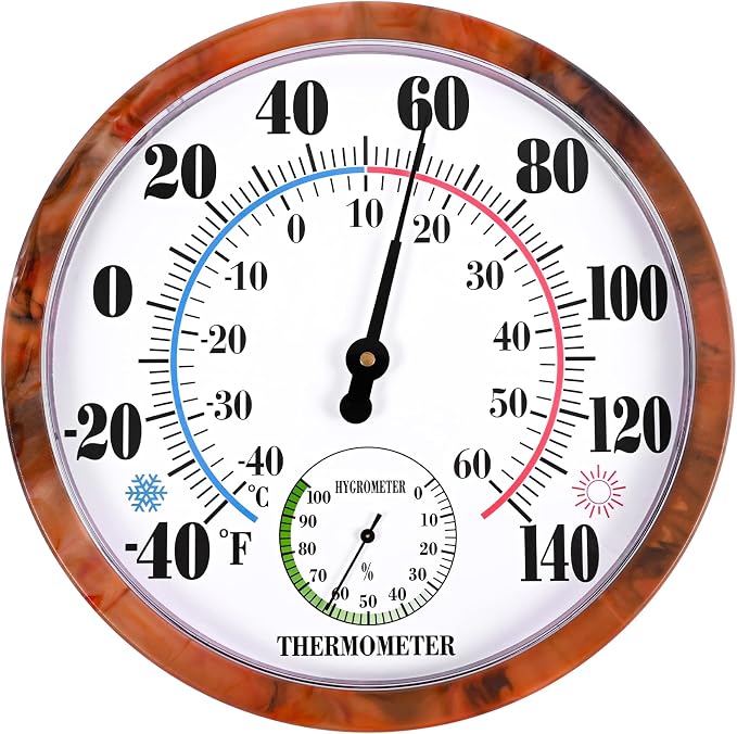 Indoor Outdoor Thermometer Hygrometer - 10Inch Outdoor Thermometers Large Number, 2 in 1 Thermometer Hygrometer, No Battery