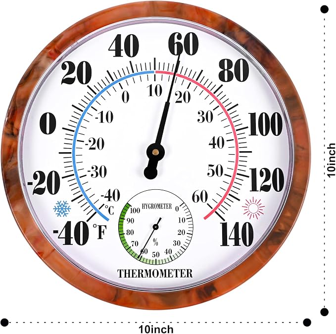 Indoor Outdoor Thermometer Hygrometer - 10Inch Outdoor Thermometers Large Number, 2 in 1 Thermometer Hygrometer, No Battery