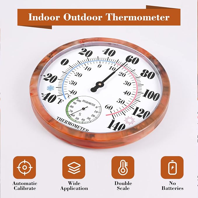 Indoor Outdoor Thermometer Hygrometer - 10Inch Outdoor Thermometers Large Number, 2 in 1 Thermometer Hygrometer, No Battery