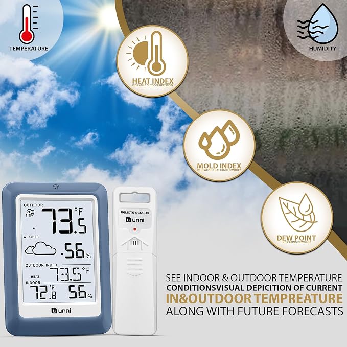 Indoor Outdoor Thermometer Hygrometer Wireless Weather Station, Temperature Humidity Monitor Battery Powered Inside Outside