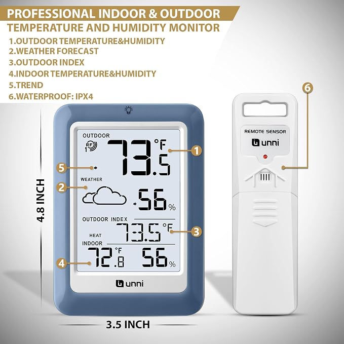 Indoor Outdoor Thermometer Hygrometer Wireless Weather Station, Temperature Humidity Monitor Battery Powered Inside Outside