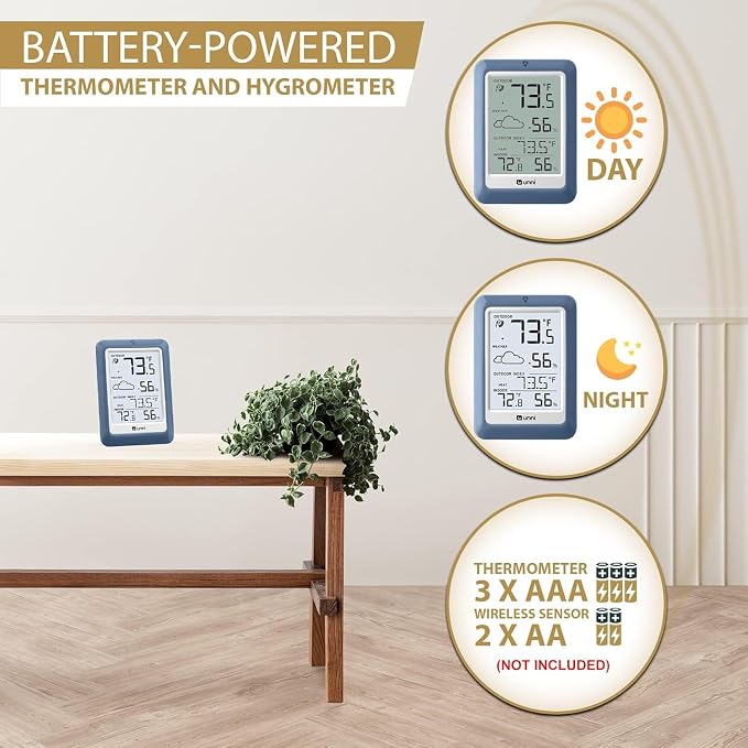 Indoor Outdoor Thermometer Hygrometer Wireless Weather Station, Temperature Humidity Monitor Battery Powered Inside Outside