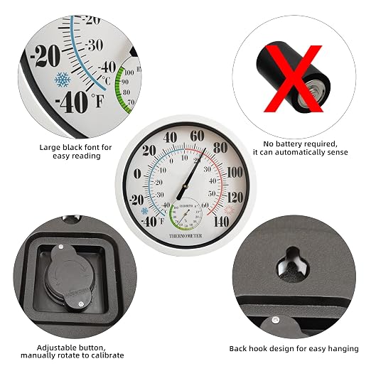 Indoor Outdoor Thermometer Large Numbers 12 Inch Wall Weather Thermometer Hanging Garden Decor Hygrometer No Battery Needed