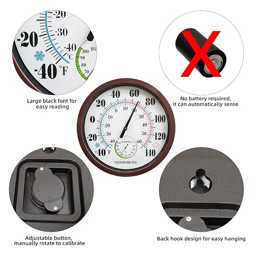 Indoor Outdoor Thermometer Large Numbers 12 Inch Wall Weather Thermometer Hanging Garden Decor Hygrometer No Battery Needed