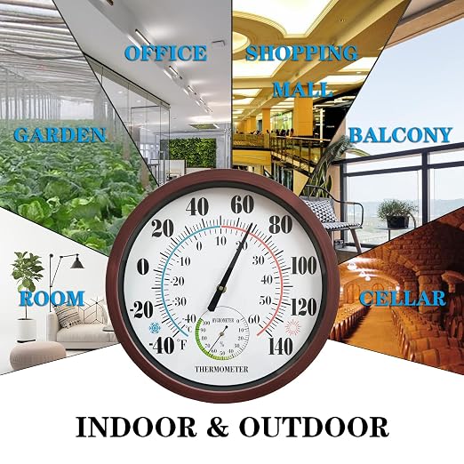 Indoor Outdoor Thermometer Large Numbers 12 Inch Wall Weather Thermometer Hanging Garden Decor Hygrometer No Battery Needed
