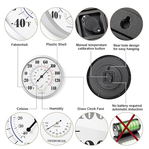 Indoor Outdoor Thermometer Wall Large Numbers Thermometer No Battery 12" Hanging Digital Weather Hygrometers for Home Garden