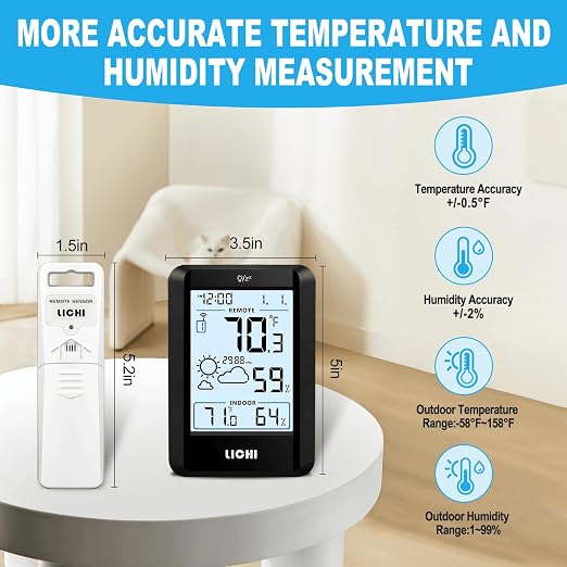 Indoor Outdoor Thermometer Wireless Weather Station External Thermometer Hygrometer Monitor with 330ft Range Remote Sensor