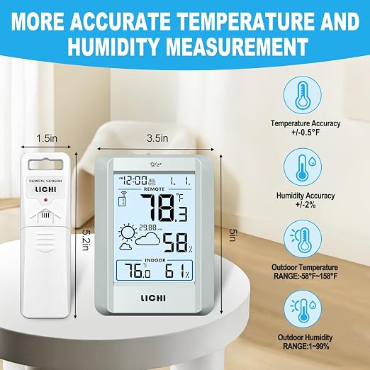 Indoor Outdoor Thermometer Wireless Weather Station External Thermometer Hygrometer Monitor with 330ft Range Remote Sensor