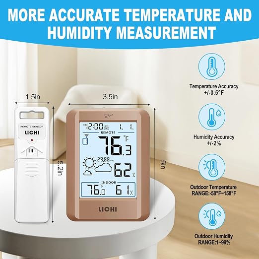 Indoor Outdoor Thermometer Wireless Weather Station External Thermometer Hygrometer Monitor with 330ft Range Remote Sensor