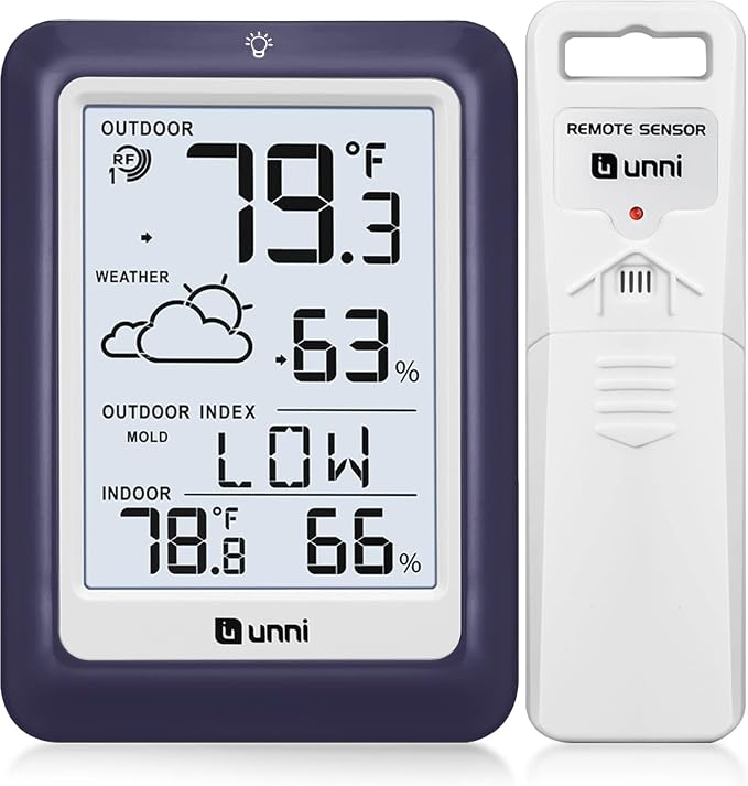 Indoor Outdoor Thermometer Wireless Weather Station, Temperature Humidity Monitor Battery Powered Inside Outside Thermometers
