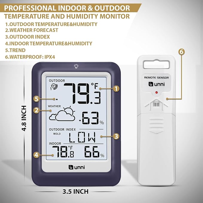 Indoor Outdoor Thermometer Wireless Weather Station, Temperature Humidity Monitor Battery Powered Inside Outside Thermometers