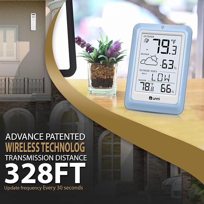 Indoor Outdoor Thermometer Wireless Weather Station, Temperature Humidity Monitor Battery Powered with 330ft Range Remote