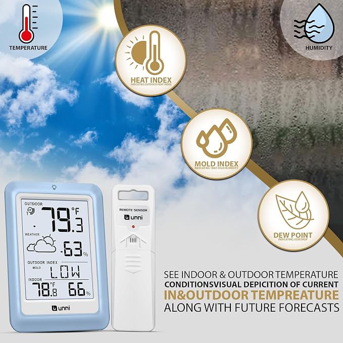 Indoor Outdoor Thermometer Wireless Weather Station, Temperature Humidity Monitor Battery Powered with 330ft Range Remote
