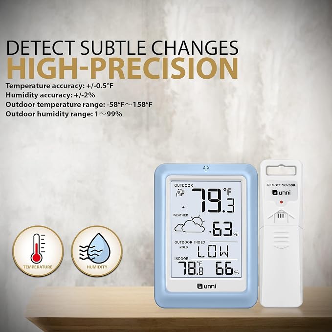 Indoor Outdoor Thermometer Wireless Weather Station, Temperature Humidity Monitor Battery Powered with 330ft Range Remote