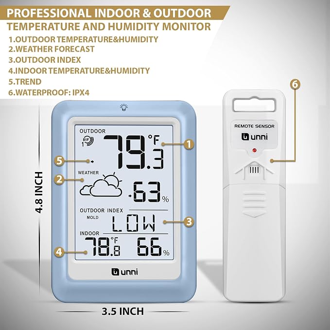 Indoor Outdoor Thermometer Wireless Weather Station, Temperature Humidity Monitor Battery Powered with 330ft Range Remote